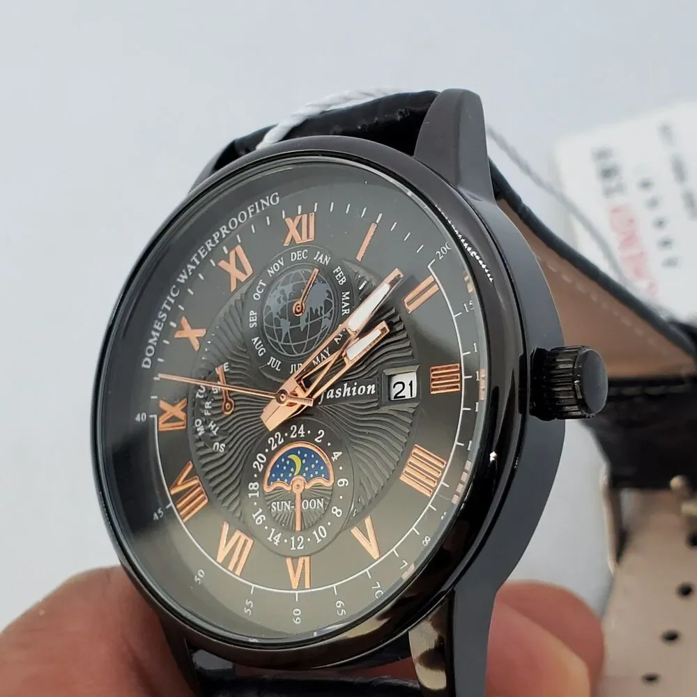 Men's Watch 40MM Black Dial Black‎ Leather Bands Roman Numerals Date Indicator